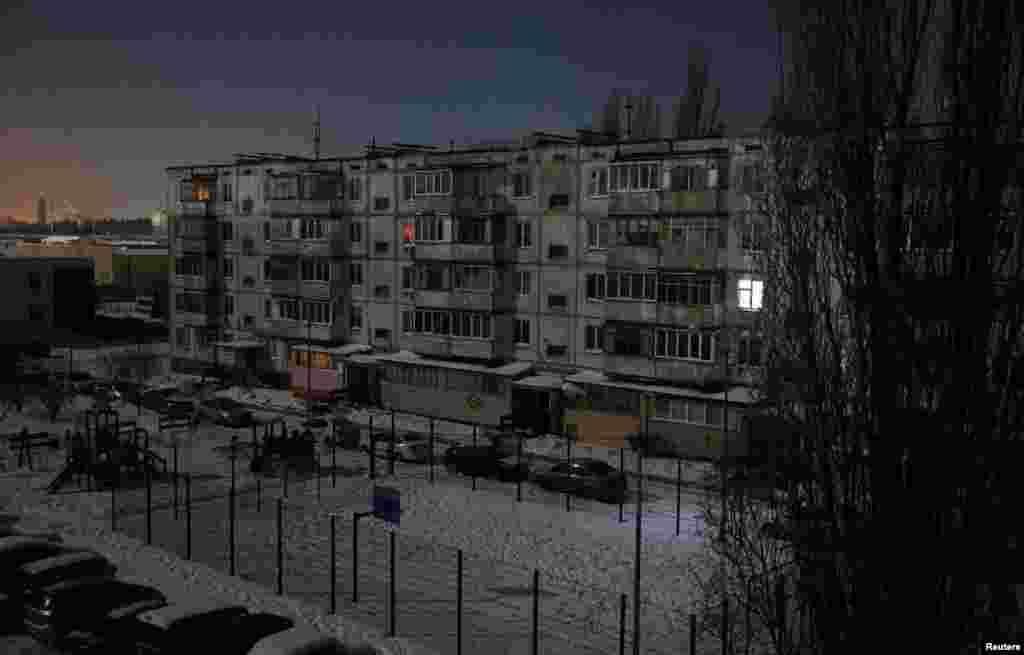 An apartment building in Belgorod seen at dusk on February 3.The blackout in the Russian city marks the second time Ukraine has reportedly targeted the city's power grid in recent weeks in apparent revenge attacks for Russia's ongoing strikes on Ukraine's energy network.