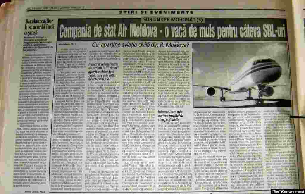 &quot;Flux&quot;, 15 iulie 1999, legăturile dintre întreprinderea de stat Air Moldova şi Victor Ţopa, şeful Administraţiei de Stat al Aviaţiei Civile