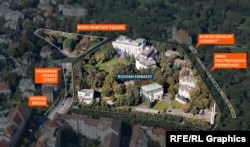 Placenames surrounding the Russian embassy in Prague. The boundary of the embassy at the bottom of this image runs along an unnamed stretch of railway line.