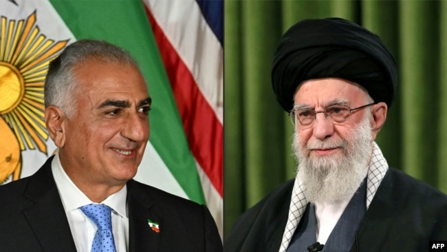 Комбинированное изображение живущего в эмиграции в США наследного принца (шахзаде) Ирана Резы Пехлеви (слева) и Высшего руководителя Ирана, великого аятоллы Али Хаменеи