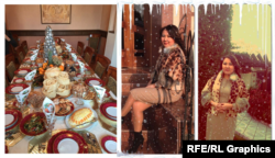S lijeve strane fotografija stola punog hrane u kući Matraimovih u Ošu (Turgunova piše: "Moj skromni sto 😊.") S desne strane Turgunova pozira ispred kuće. Zahvaljujući: Turgunova / Odnoklassniki; kolaž OCCRP-a