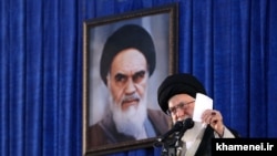 Iranian Supreme Leader Ayatollah Ali Khamenei speaks to the crowd during a ceremony on the occasion of the 29th anniversary of the death Ayatollah Ruhollah Khomeini on June 04, 2018.