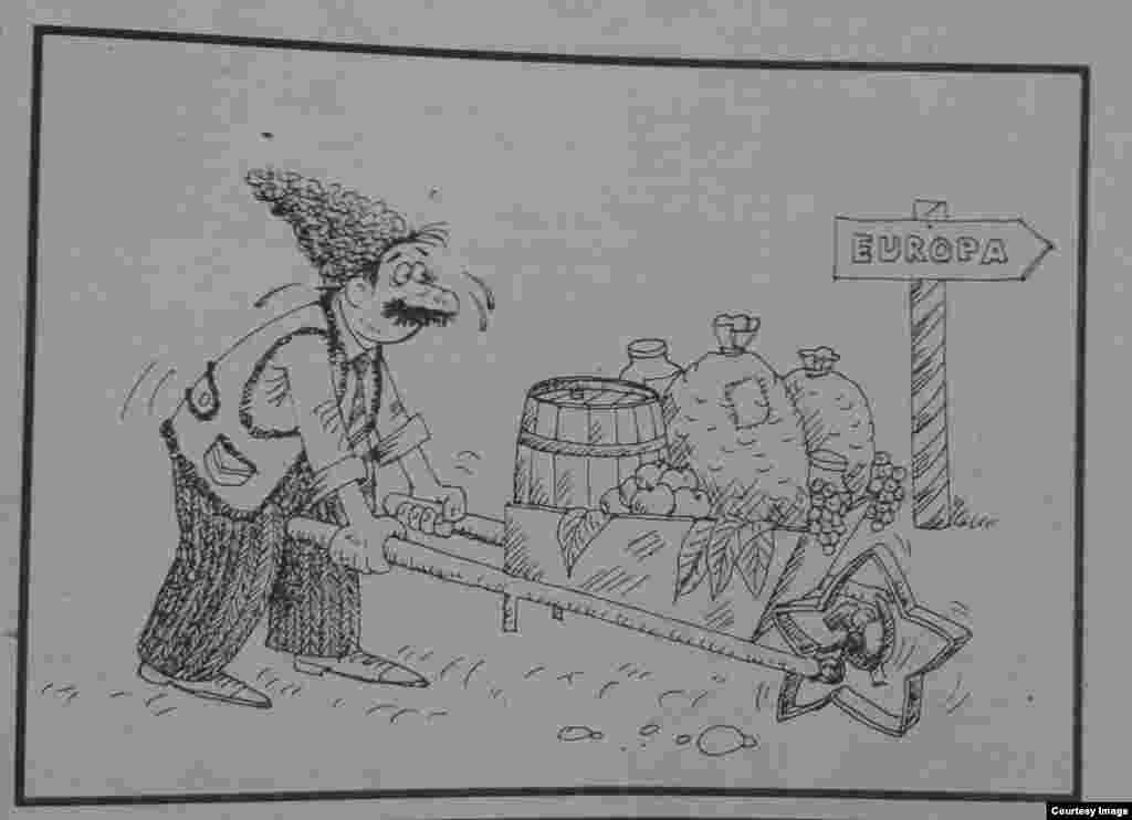 &quot;Molodioj Moldovî&quot;, 4 octombrie 1994, caricatură ce arată direcţia Europa în sens invers