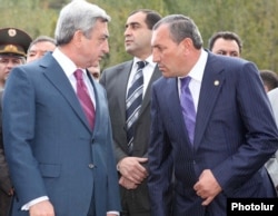 Armenia - President Serzh Sarkisian (L) and Surik Khachatrian, governor of Syunik province, attend an official ceremony.