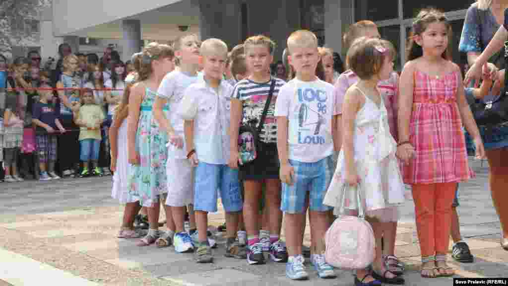 Lining up for the first day at an elementary school in Podgorica, Montenegro, on September 3.&nbsp;