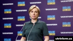 Вице-премьер-министр по вопросам реинтеграции временно оккупированных территорий Украины Ирина Верещук во время брифинга.