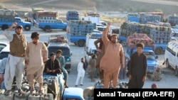 Pakistani traders, who deal in the Iranian fuel trade across the border, protest after the Pakistani government banned smuggled Iranian diesel, in Panjgur, Balochistan Province, in October 2019. 