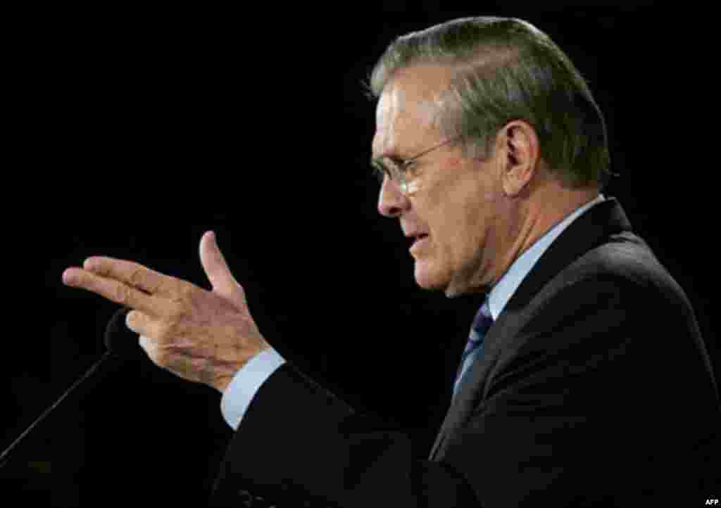 U.S. Defense Secretary Donald Rumsfeld at a press briefing in the Pentagon (AFP) - Many observers argued that the midterm elections in the United States in November were a referendum on Washington's conduct of the war in Iraq. And the big casualty of the Republicans' defeat was the man charged with bringing security to Iraq: Defense Secretary Donald Rumsfeld. His departure was seen as ushering in a new approach -- prompting Iran and Syria to move to strengthen ties with Iraq.