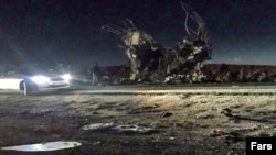 The mingled remains of a bus targeted by a suicide bombers. 27 members of Iran's Revolutionary Guards died in the attack. Feb. 13, 2019