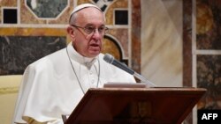 Pope Francis attends an audience with the members of the diplomatic corps accredited to the Holy See for the traditional exchange of New Year's greetings in the Vatican on January 9.