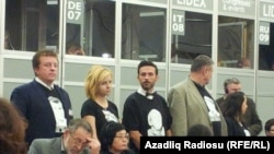 Warsaw - Participants at the 2014 OSCE Human Dimension Meeting demonstrating for the release of political prisoners in Azerbaijan--23Sep2014