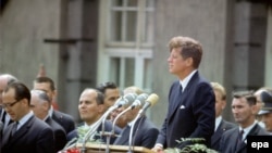 Germany -- US President John F. Kennedy during his famous speech in front of the Schoeneberg town hall in Berlin, June 26, 1963