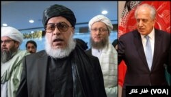آرشیف، زلمی خلیل‌زاد نمایندۀ خاص امریکا برای صلح افغانستان (راست) شیر محمد عباس ستانکزی رئیس هیئت مذاکره کننده طالبان (چپ).