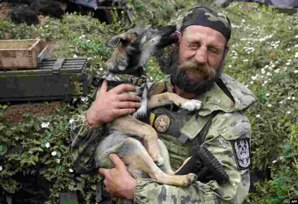 Український військовослужбовець з песиком біля селища Кримське, Луганська область. 25 червня 2015 року