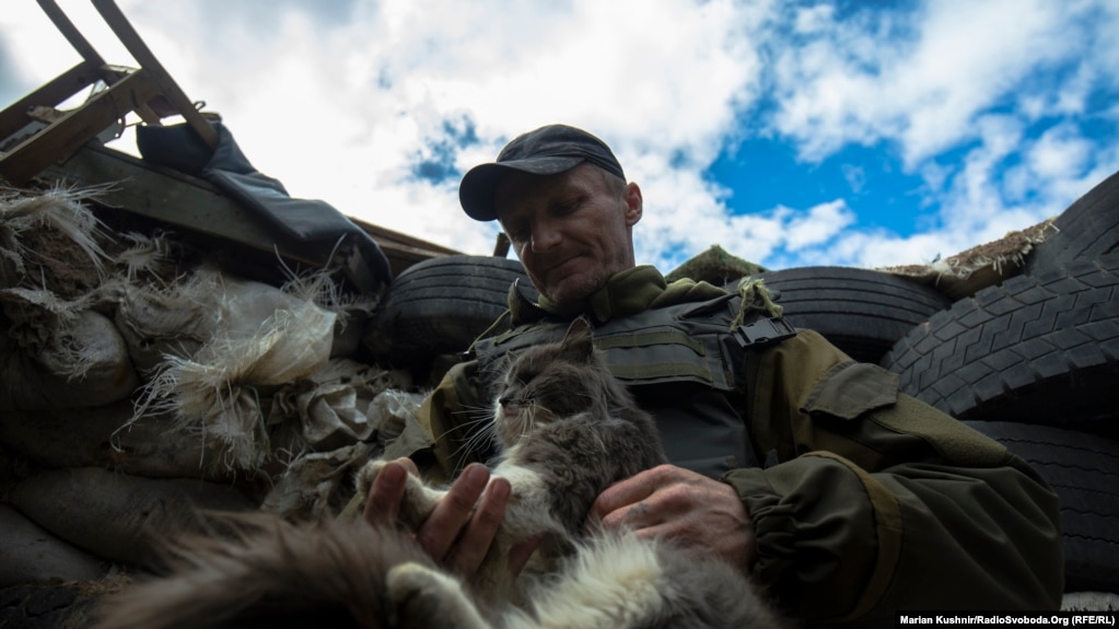 Майдан шебінде өздерімен бірге тұрып жатқан мысықты ұстап тұрған әскери қызметкер. &nbsp;