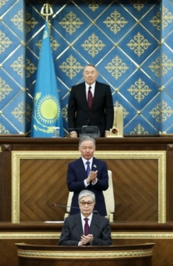 Бұрынғы президент Нұрсұлтан Назарбаев, мәжіліс спикері Нұрлан Нығматулин және Қасым-Жомарт Тоқаев. Астана, 20 наурыз 2019 жыл.