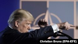 BELGIUM -- U.S. President Donald Trump during a press conference at NATO Summit in Brussels, July 12, 2018