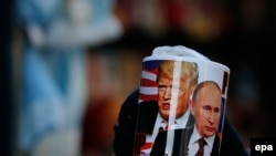 A mug depicting Trump and Putin for sale in St. Petersburg on the U.S. president's inauguration day, January 20.