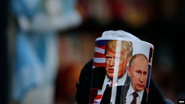 A mug depicting Trump and Putin for sale in St. Petersburg on the U.S. president's inauguration day, January 20.