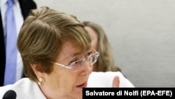 United Nations High Commissioner for Human Rights Michelle Bachelet gestures as she attends the Human Rights Council at the United Nations in Geneva, September 10, 2018