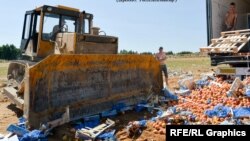 Уничтожение «санкционных» продуктов в Новозыбкове, примерно в 600 километрах от Москвы, Россия, 7 августа 2015 года