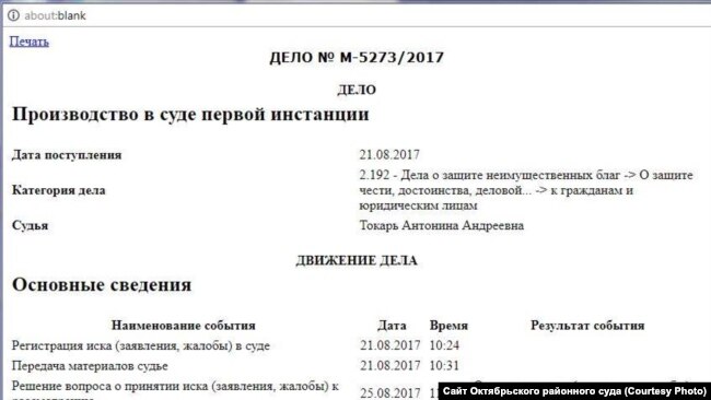Сообщение Октябрьского суда о ходе рассмотрения иска против компании "Рок"
