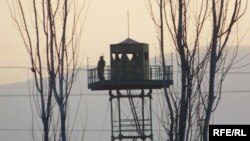 A border guard tower on the Tajik side of the Panj River, in southern Tajikistan's Farkhor district.