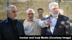 Iraq -- Commander of IRGC's Quds unit Qasem Soleimani alongside Iranian head of Reconstruction Organization of Holy Shrines in Iraq Hassan Polarak and Iraqi Military officer Abu Mahdi al-Muhandis in Karbala on June 2019