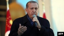 Turkey -- Turkish president Recep Tayyip Erdogan gestures as he delivers a speech to his supporters at the Presidential Palace in Ankara, April 17, 2017 