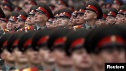 Russian servicemen take part in the Victory Parade on Moscow's Red Square on May 9.