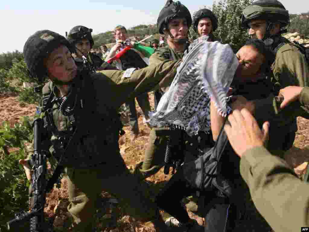 Izrael - Hapšenje demonstranata tijekom prosvjeda palestinskih i stranih aktivista u selu Beit Omar, u blizini židovskog naselja Karmei Tzur, na Zapadnoj obali, 12.06.2011. Foto: AFP / Hazem Bader