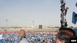 Presidential candidate Abdullah Abdullah speaks to supporters in Kabul on August 17.