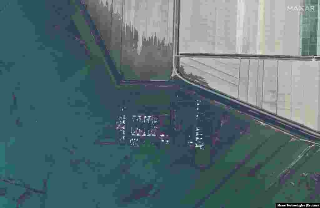 Kazakhstan - A satellite image shows a flooded village south of Myrzakent, Kazakhstan, following the collapse of the Sardoba dam in Uzbekistan, May 3, 2020. Picture taken May 3, 2020. Satellite image &#169;2020 Maxar Technologies/Handout via REUTERS ATTENTION 