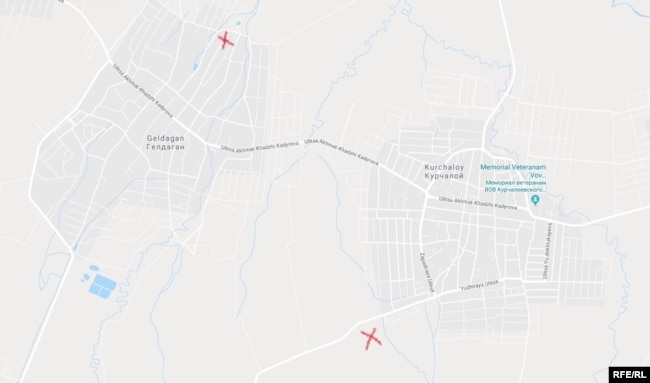 Снизу справа предположительно первая ферма, где работал Сергей, – на выезде из Курчалоя по Южной улице, сверху слева – вторая ферма в Гелдагане на ул. Даудова