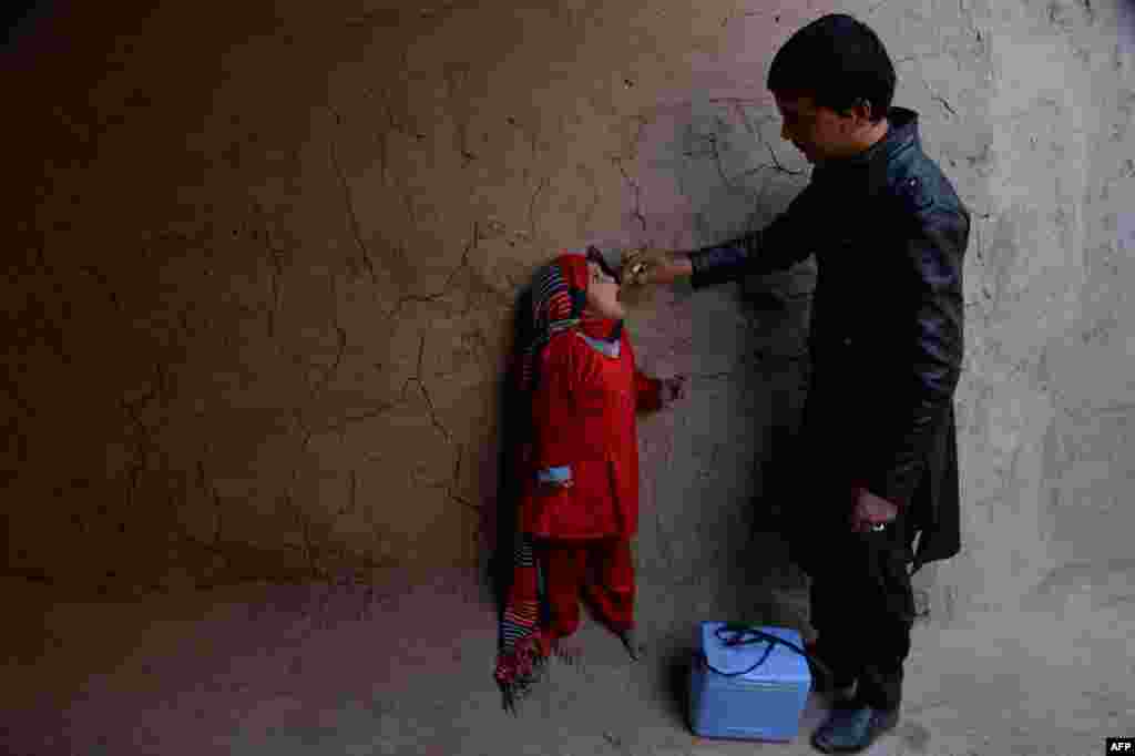 An Afghan health worker administers the polio vaccine to a child during a vaccination campaign on the outskirts of Jalalabad. Polio, once a worldwide scourge, is endemic in just three countries now: Afghanistan, Nigeria, and Pakistan. (AFP/Noorullah Shirzada)