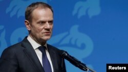 European Council President Donald Tusk speaks during a news conference in Tallinn, Estonia, on January 31.