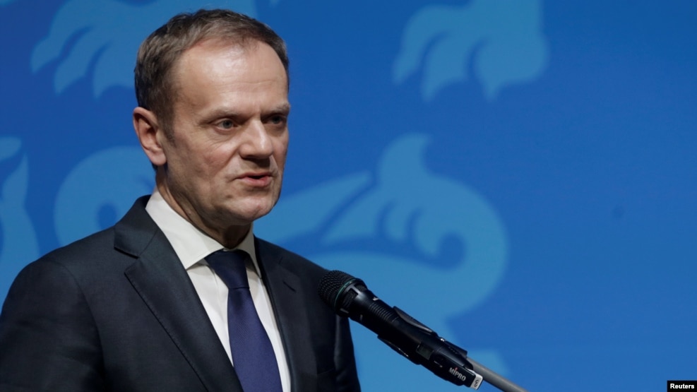 European Council President Donald Tusk speaks during a news conference in Tallinn, Estonia, on January 31.