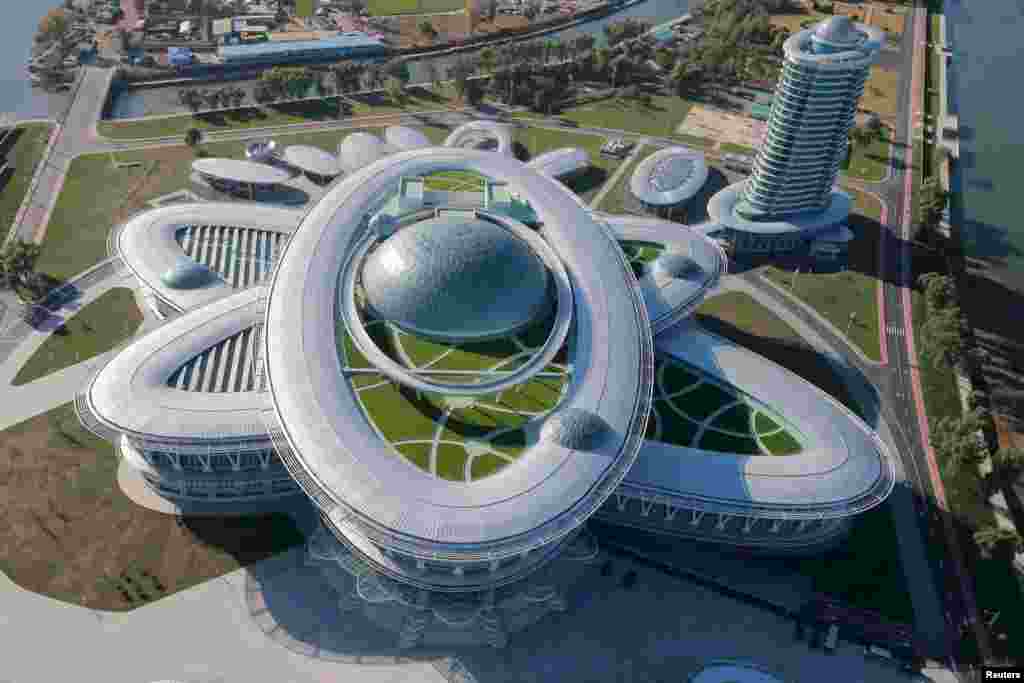 The Sci-Tech Complex in Pyongyang, completed in 2015. The atom-shaped structure is run on solar, geothermal, and &quot;other natural energies.&quot; &nbsp;