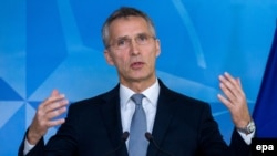 Belgium -- NATO Secretary-General Jens Stoltenberg delivers remarks after the US elections at the alliance's headquarters in Brussels, November 9, 2016