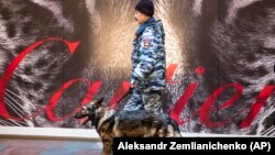 Полицейский кинолог с собакой ищут бомбу в ГУМе, Москва, архивное фото
