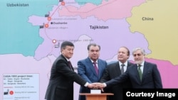 Asian leaders attend a groundbreaking ceremony for the CASA-1000 electricity project in the Tajik city of Tursunzoda in May 2016. (Left to right:) Then Kyrgyz Prime Minister Sooronbai Jeenbekov, Tajik President Emomali Rahmon, former Pakistani Prime Minister Nawaz Sharif, and Afghan Chief Executive Abdullah Abdullah. 