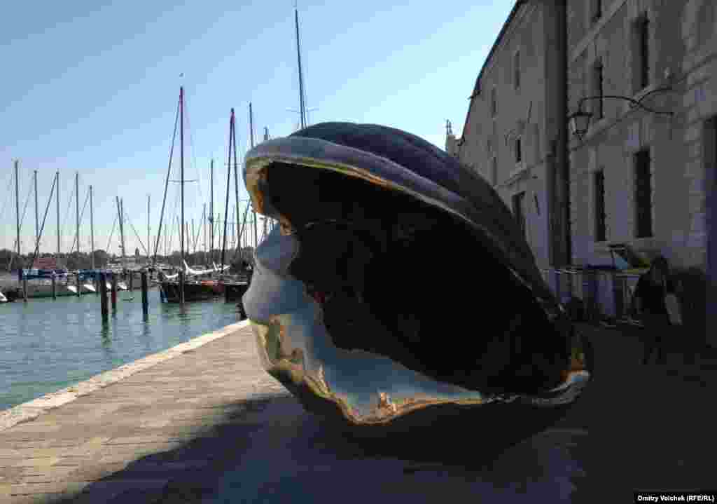 A seashell-shaped sculpture by British artist Marc Quinn near the Church of San Giorgio Maggiore