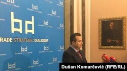 Ministrul sîrb de externe vorbind la o conferință pe tema dialogului strategic, Belgrad, 29 iunie 2017