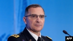 U.S. General Curtis Mike Scaparrotti, the new top commander, gives a press conference during the change-of-command ceremony for NATO in Mons, Belgium, on May 4.