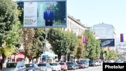 Armenia - An election campaign billboard of mayoral candidate Arkadi Peleshian on Vanadzor's central street, 2Oct2016. 