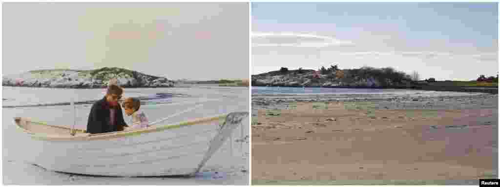 Left photo: U.S. President John F. Kennedy sitting in a rowboat with his son John F. Kennedy Jr. on Bailey&#39;s Beach in Newport, Rhode Island, on September 15, 1963. Right photo: The same spot on November 11, 2013. 