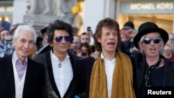 Rolling Stones խմբի անդամները, ձախից աջ՝ Չարլի Ուոթսը, Ռոնի Վուդը, Միք Ջեգերը և Կիս Ռիչարդզը, արխիվ, Լոնդոն, 4 ապրիլի, 2016թ.