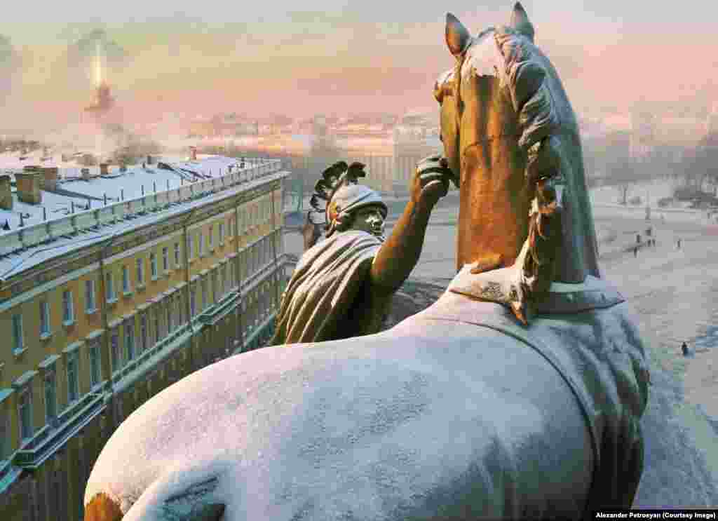 Fresh snow and morning light above Palace Square. Petrosyan is famous for his rooftop photographs but coy about how he gains access. When he spoke to RFE/RL, he would say only that it is done &quot;mostly illegally and sometimes at great risk.&quot;