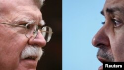 Collage of US National Security Adviser John Bolton and Iran FM Mohammad Javad Zarif. FILE