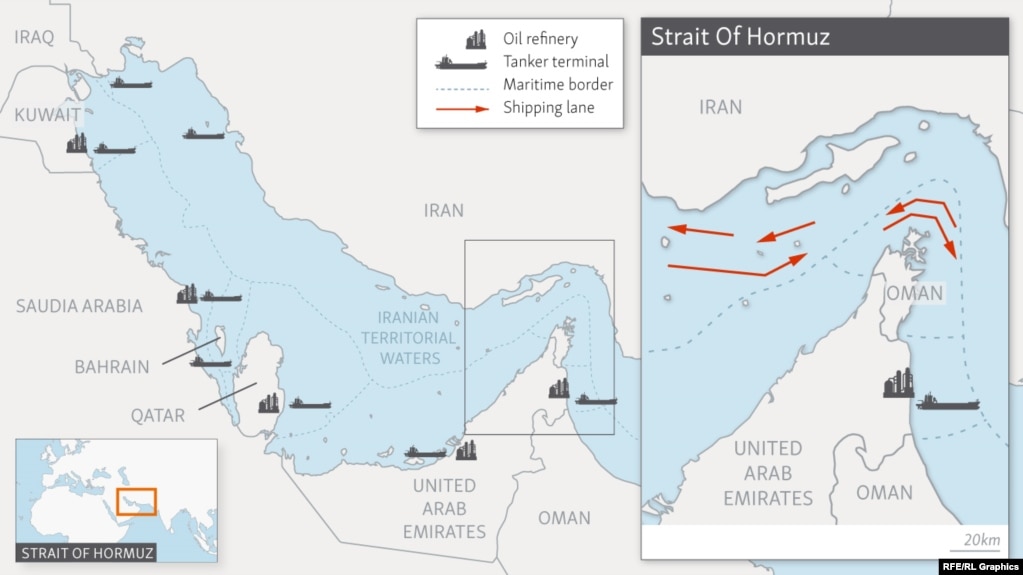 Карта Персидского залива и (справа) Ормузского пролива 